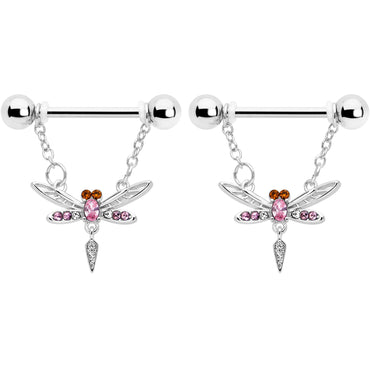 14G 9/16 Pink Gem Swank Dragonfly Dangle Nipple Ring Set