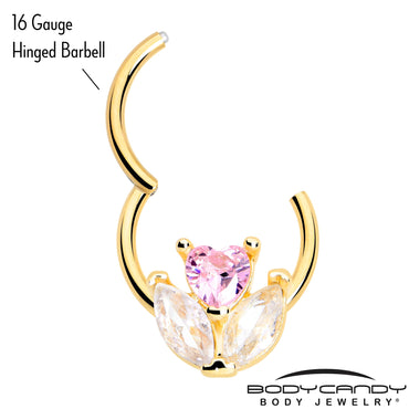 16G 3/8 Pink CZ Gem Gold Tone Love Flower Hinged Segment Ring