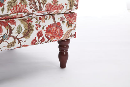 Accent Chair Wingback Linen Floral Red Pine Legs 28x30x38 In