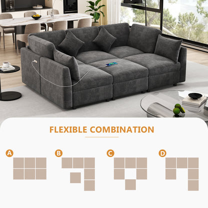 Sectional Sofa U-Shape Modular Chenille Black 5-Seat USB Ports 86.6x61.4 In