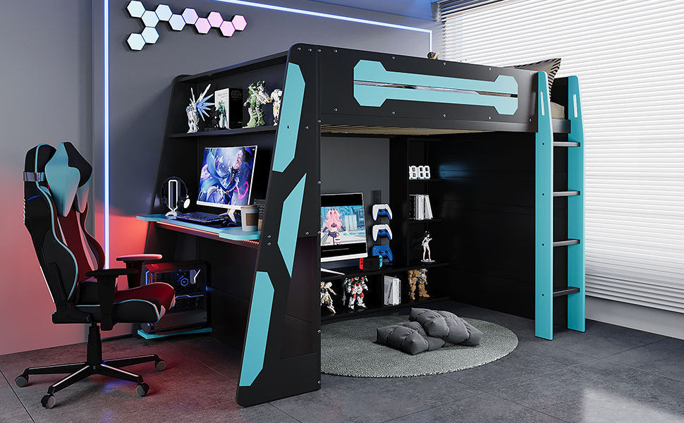 Full Size Wood Loft Bed with Desk, Multi-storage Shelves and RGB Light, Cloud