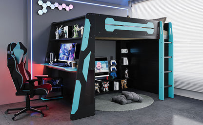 Full Size Wood Loft Bed with Desk, Multi-storage Shelves and RGB Light, Cloud