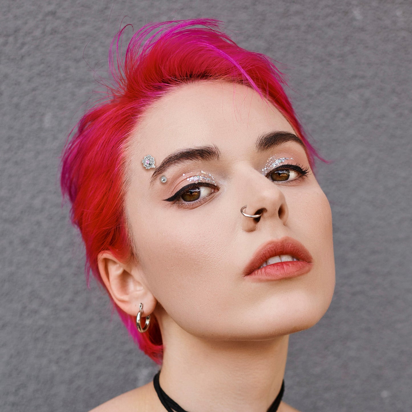 16G 5/16 Pink CZ Gem Flower Circle Curved Eyebrow Ring