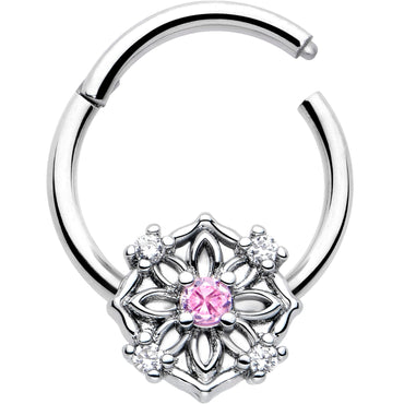 16G 3/8 Pink CZ Gem Flower Circle Hinged Segment Ring