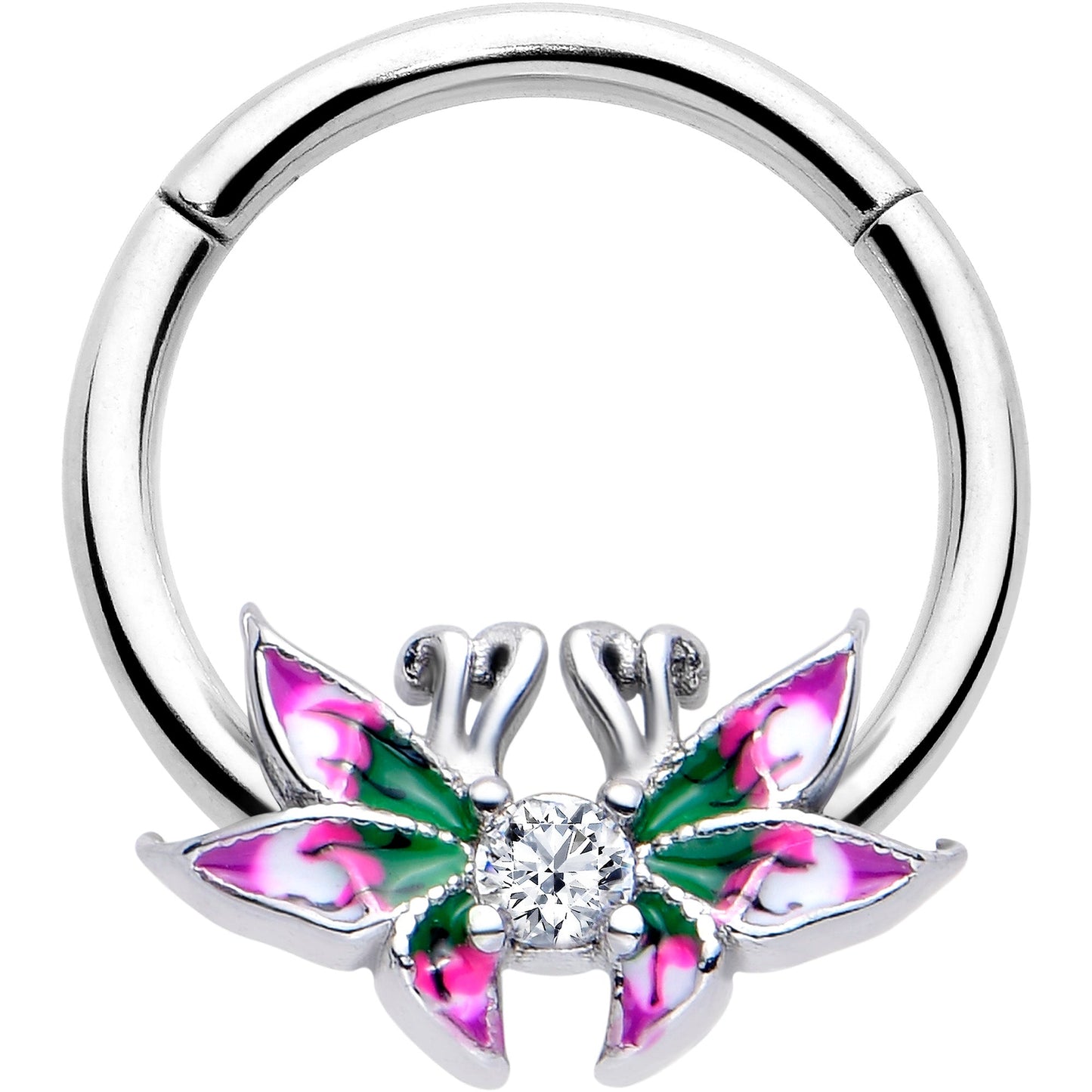 16G 3/8 Clear CZ Gem Profile Butterflies Hinged Segment Ring