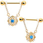 14G 9/16 Blue CZ Gem Gold Tone Flower Ring Dangle Nipple Ring Set