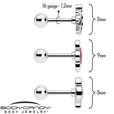 16G 1/4 Ladybug Hippie Flower Cartilage Tragus Earring Set of 3