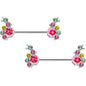 14G 9/16 Green Pink Gem Caterpillar Flower Barbell Nipple Ring Set