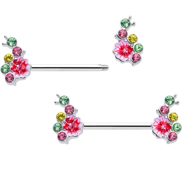 14G 9/16 Green Pink Gem Caterpillar Flower Barbell Nipple Ring Set