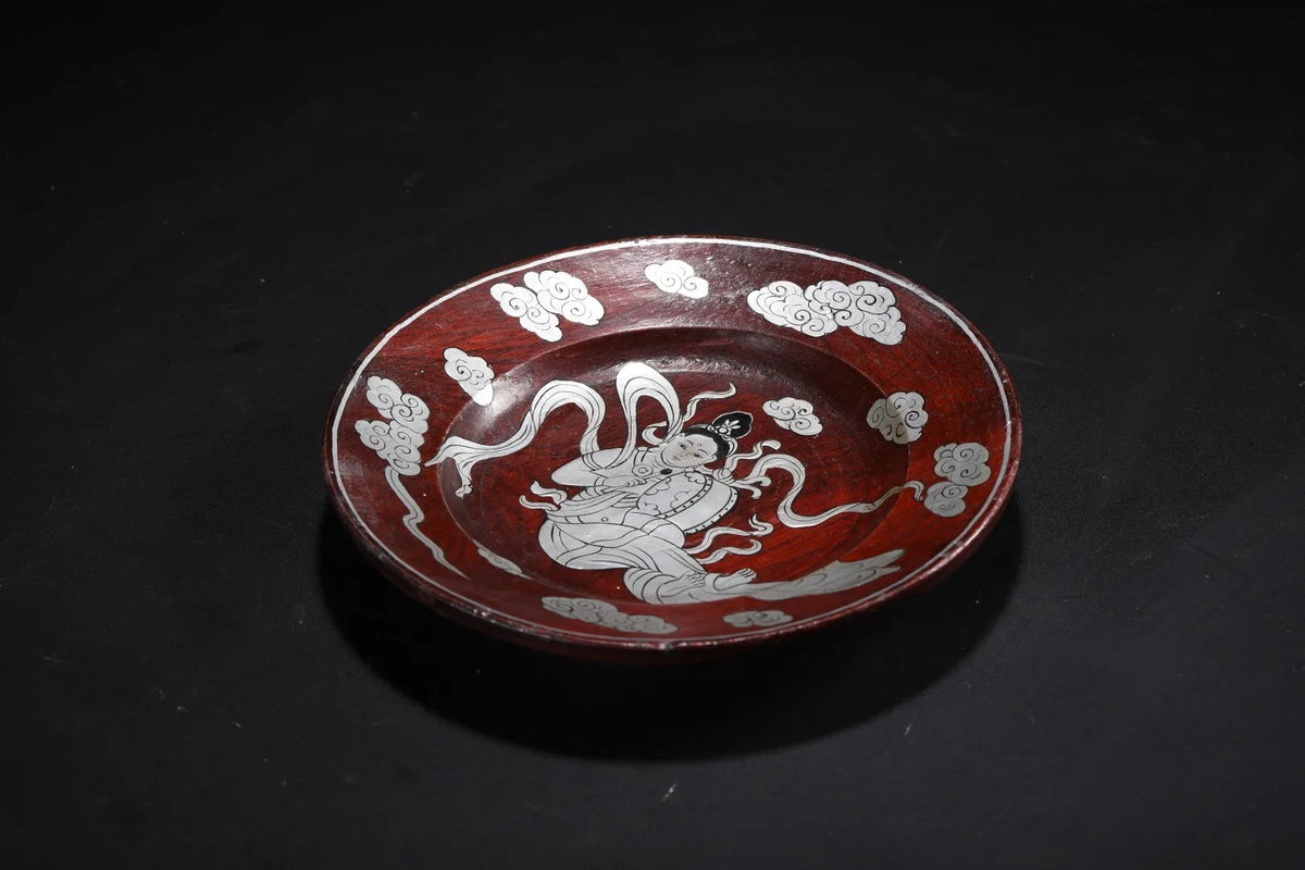 Wood Lacquerware Plate with Silver Inlay – Dunhuang Flying Apsaras (16cm)