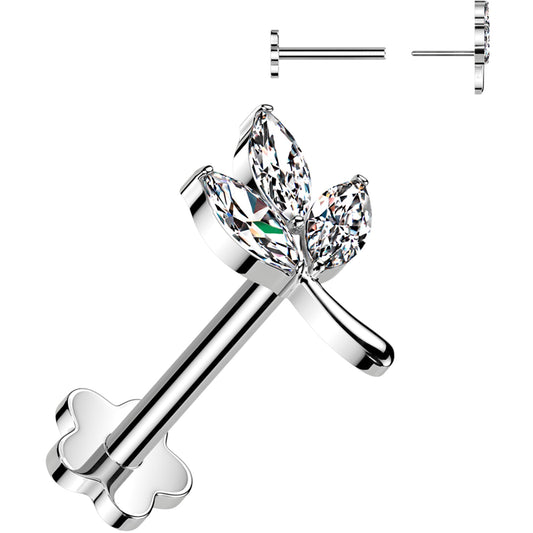 16G 1/4 CZ Gem Leaves Medical Grade Titanium Reversible Flat Back Earring