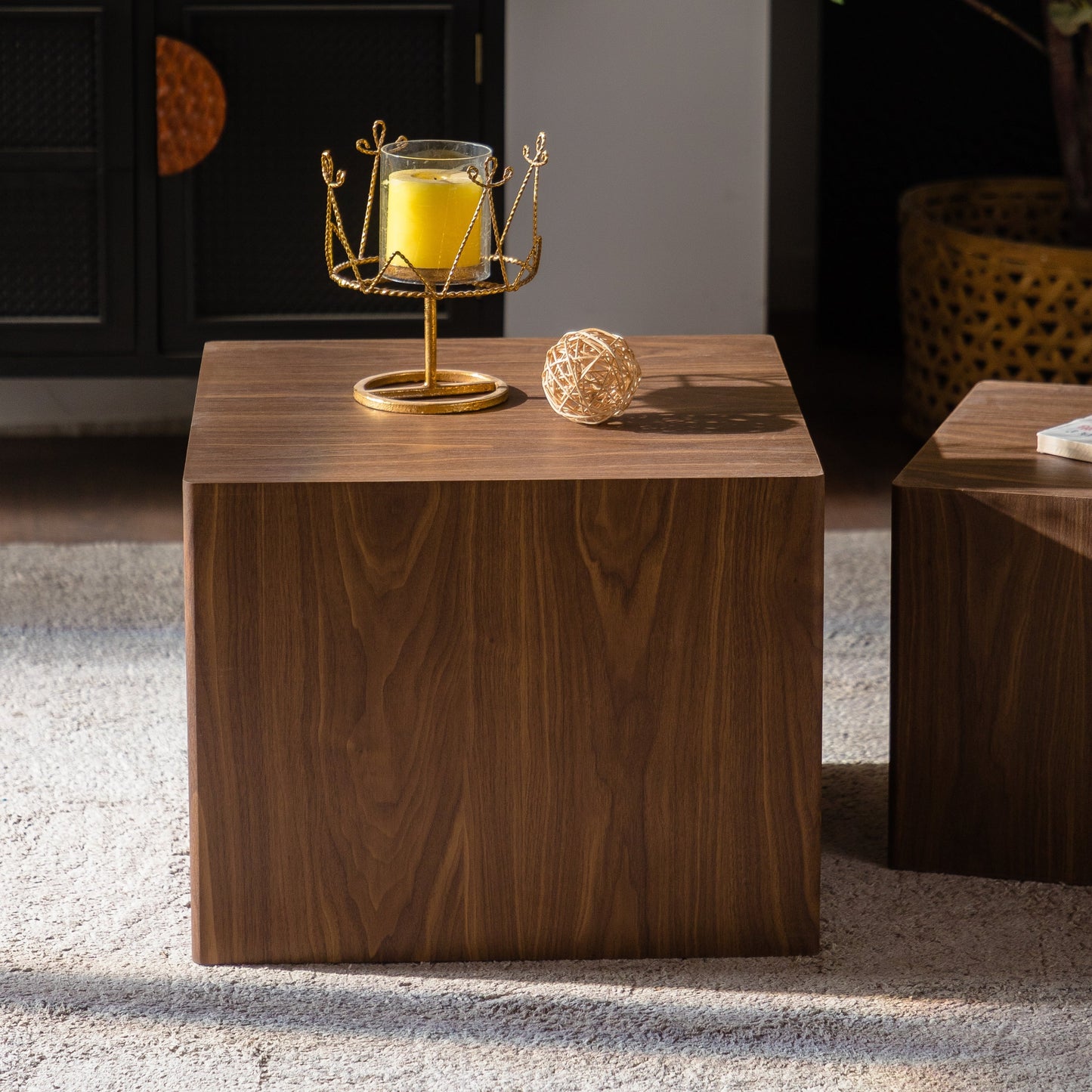 Set of 2 Walnut Cube Nesting Coffee Tables, MDF Wood Grain, Fully Assembled