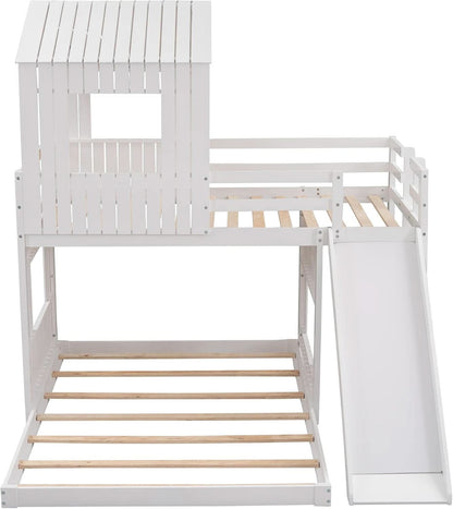 Twin Over Full Bunk Bed With Slide With Guardrails White