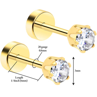 14k Yellow Gold Plated 3mm CZ Flat Back Stud Earrings - 1 Pair