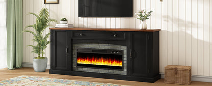 TV Stand Fireplace Black MDF Walnut Top Gray Brick 1400W Fits 70 In TV 66.9 In