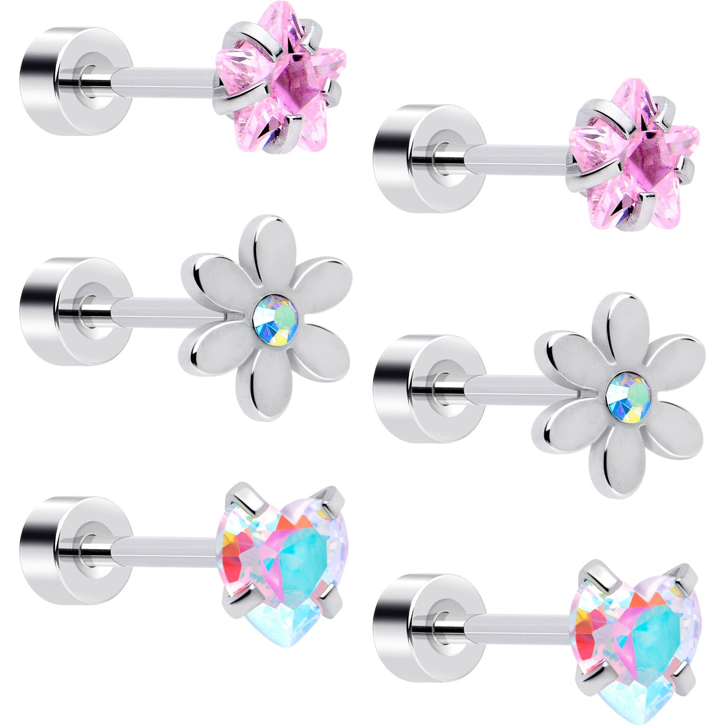 20G Pink Aurora Gem Star Heart Flower Flatback Earring Set of 6