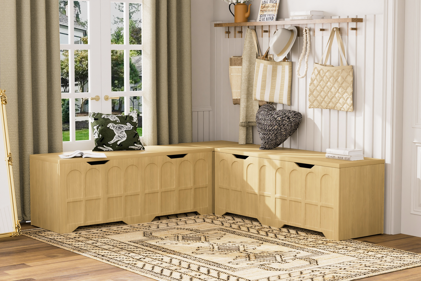 Storage Bench L-Shape 3 Piece MDF Natural Padded Seat 63x63x19 In 360 LB