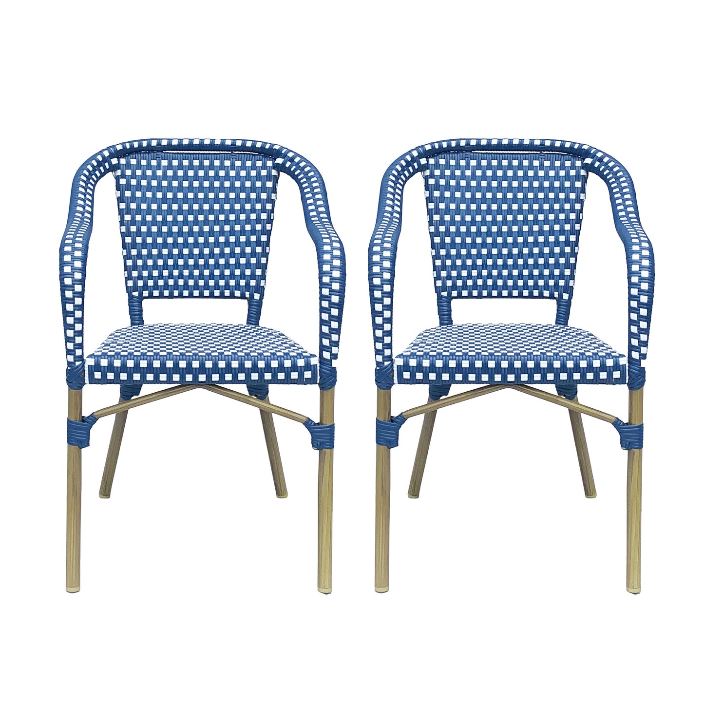 Outdoor Bistro Chair Set of 2, Rattan Wicker Aluminum Frame, White and Navy