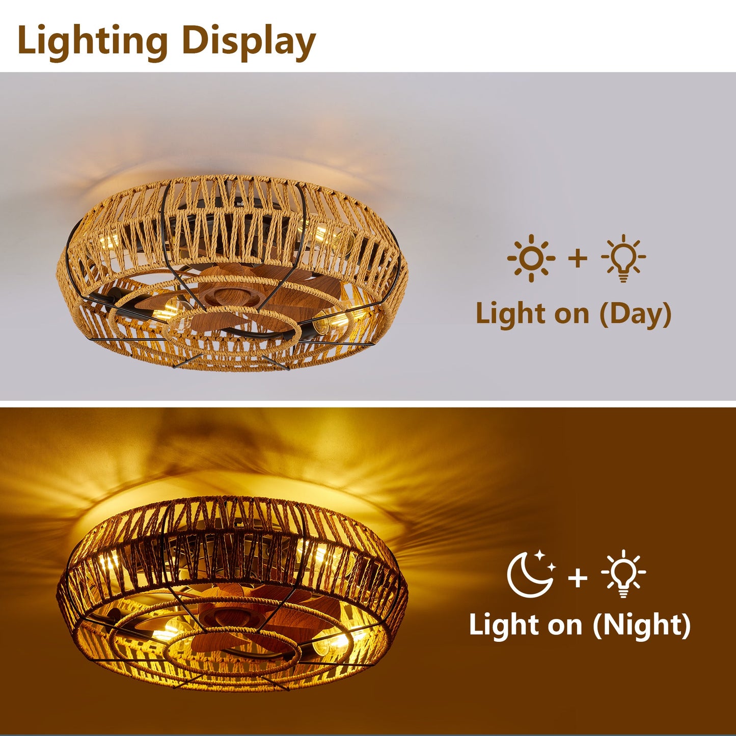 Ceiling Fan Caged Boho Flush Mount with Light Remote 6 Speed 19 In