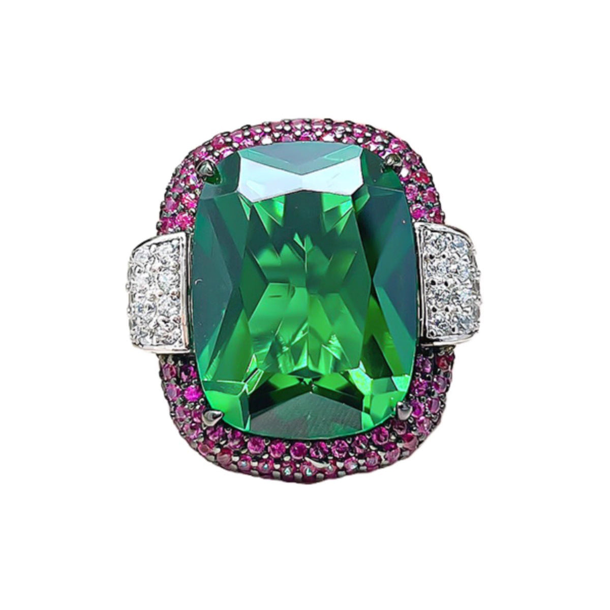 Cushion Emerald & Fuchsia Tone Simulated Zirconia Two Tone Pave Statement Ring Silver Tone Women Party Finger Ornaments