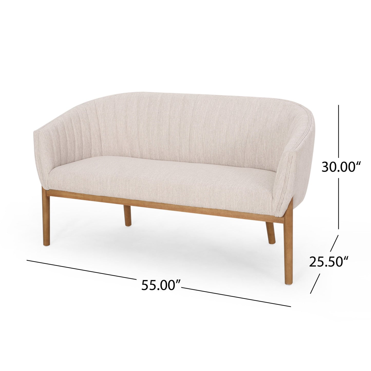 Loveseat Mid-Century Modern Channel Stitched Fabric Beige Rubberwood Legs 55 In