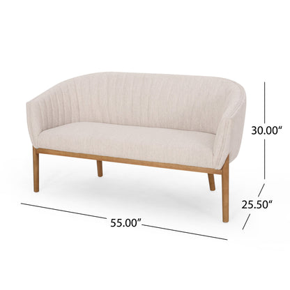 Loveseat Mid-Century Modern Channel Stitched Fabric Beige Rubberwood Legs 55 In