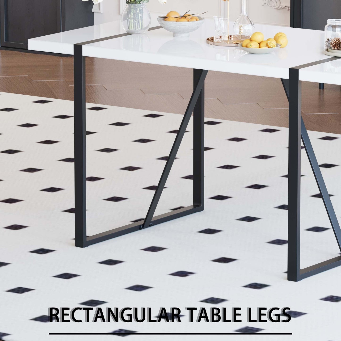 55 '4-person modern MDF dining table set, kitchen black metal leg dining table