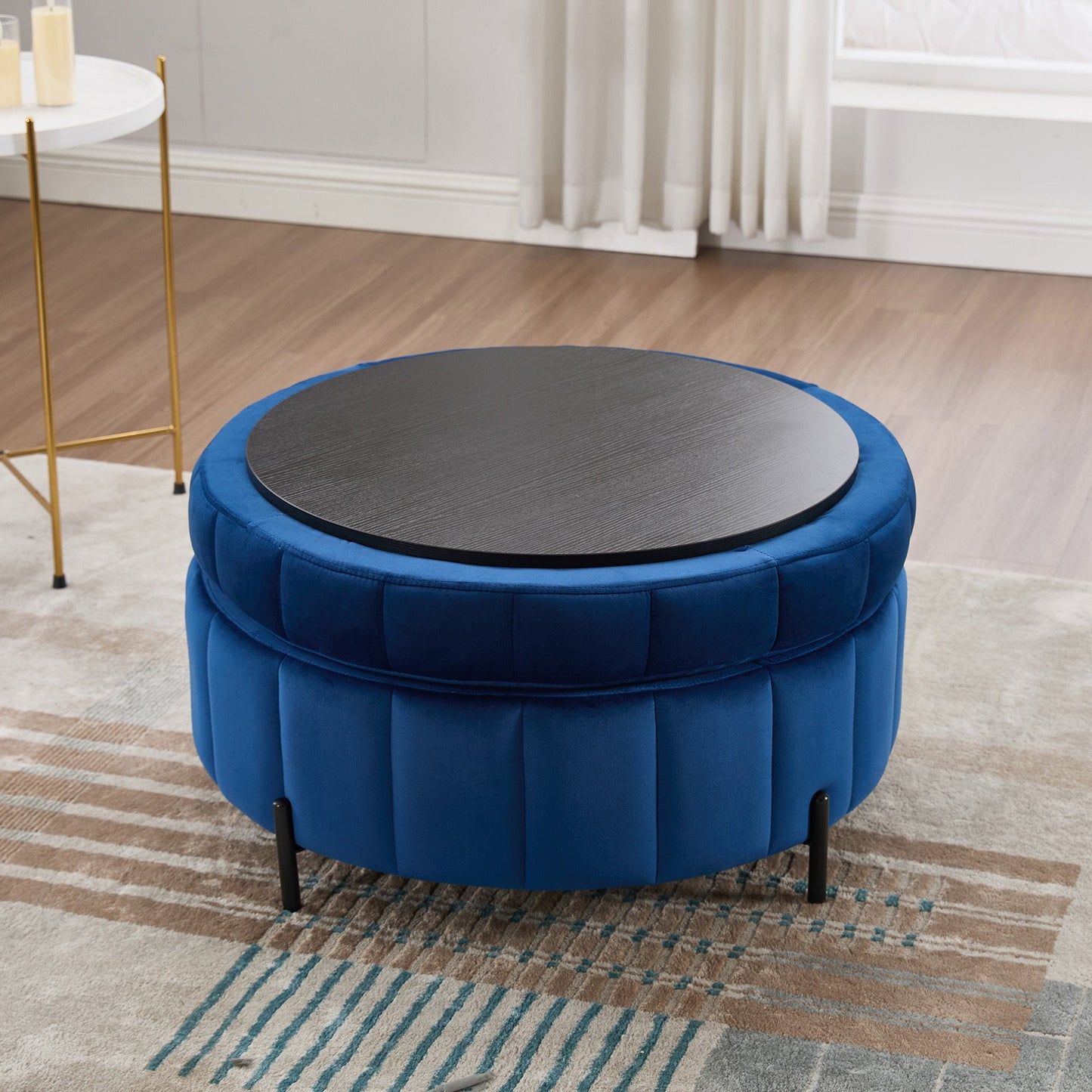 31.5 Inch Round Velvet Storage Ottoman with Reversible Lid, Navy