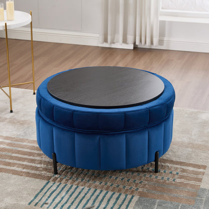 31.5 Inch Round Velvet Storage Ottoman with Reversible Lid, Navy