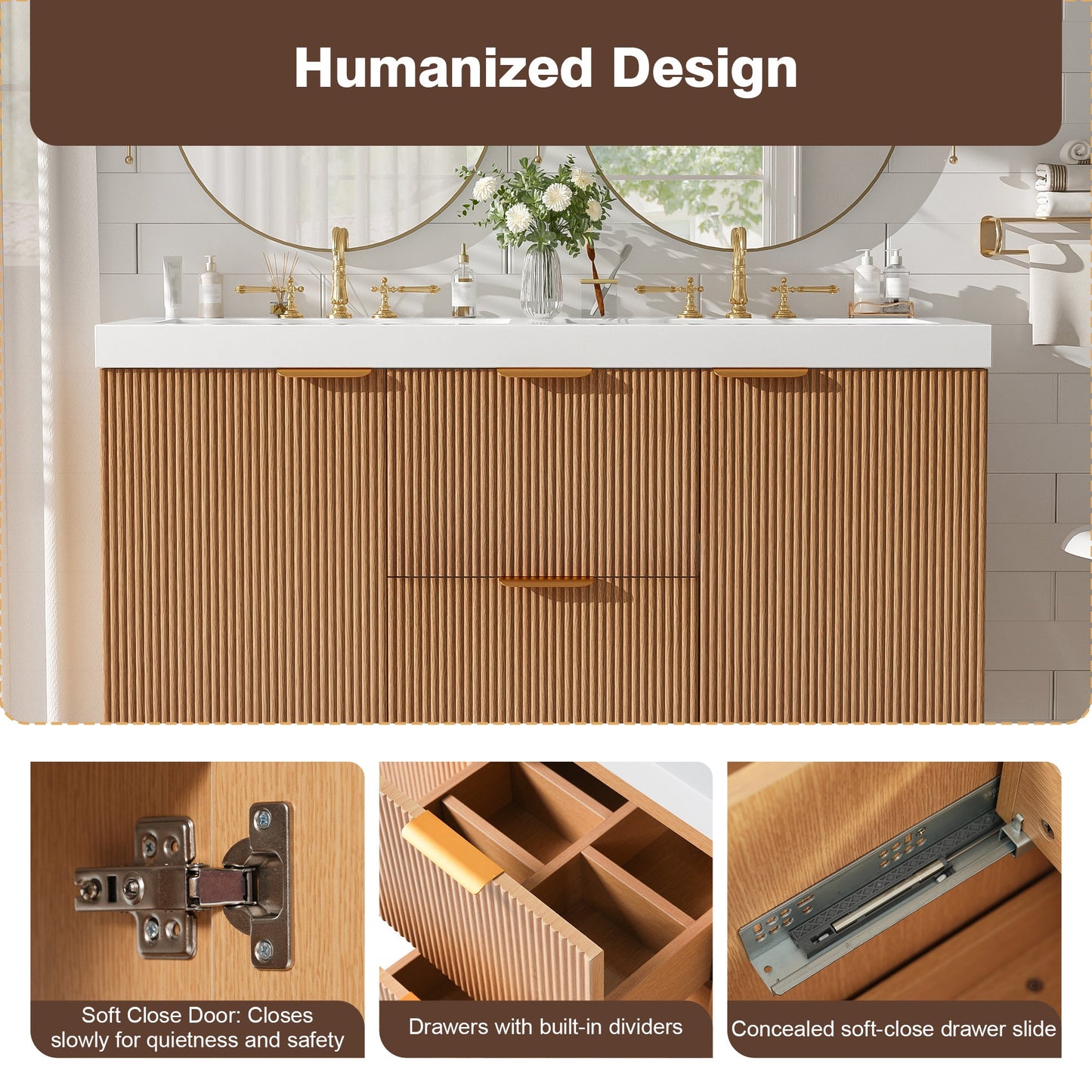 Modern 47.24 Inch Double Sink Bathroom Vanity with SMC Top, MDF Cabinet