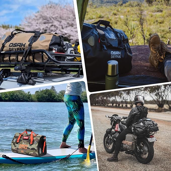 Waterproof Duffel& Luggage Bag - Motorcycle Dry Bag Tail Saddle Bags with Roll Top Closure,Large Storage Space,for Camping, Kayaking, Fishing & Traveling(Black, 25L)