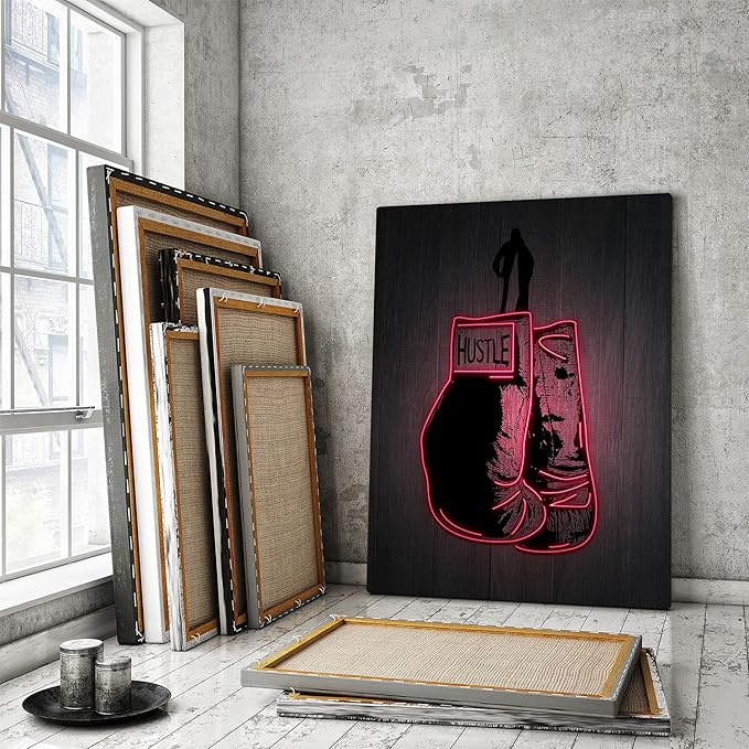 Boxing Gloves Neon Canvas Print Motivational Canvas Print Wall Art Office Decor, Entrepreneur Motivation, Hustle Artwork, Boxing Neon Print, Fighter Gym Sign, Hustler Art Neon Sign (48" x 36")