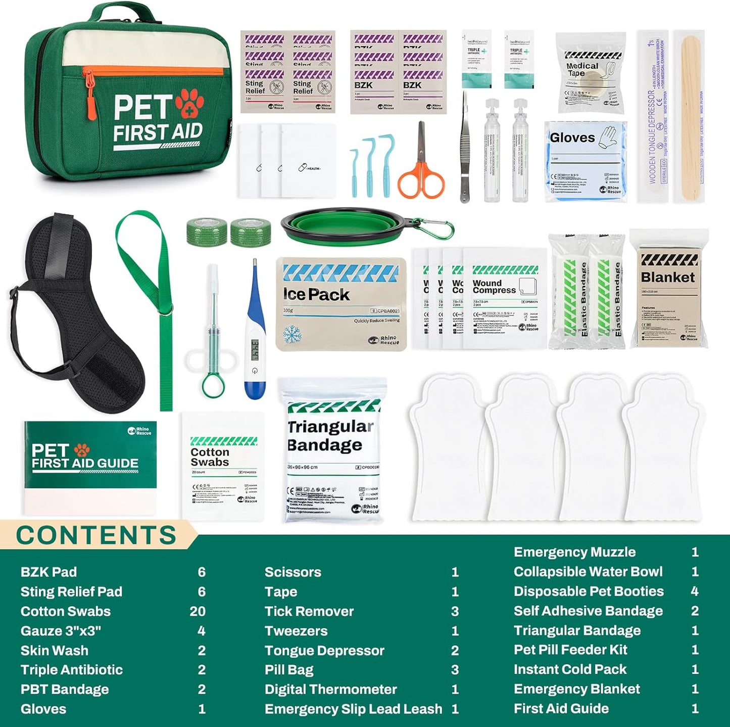 RHINO RESCUE bundle-Pet First Aid Kit, Emergency Medical Supplies for Dogs & Cats, Safety Essentials Pack with Thermometer+