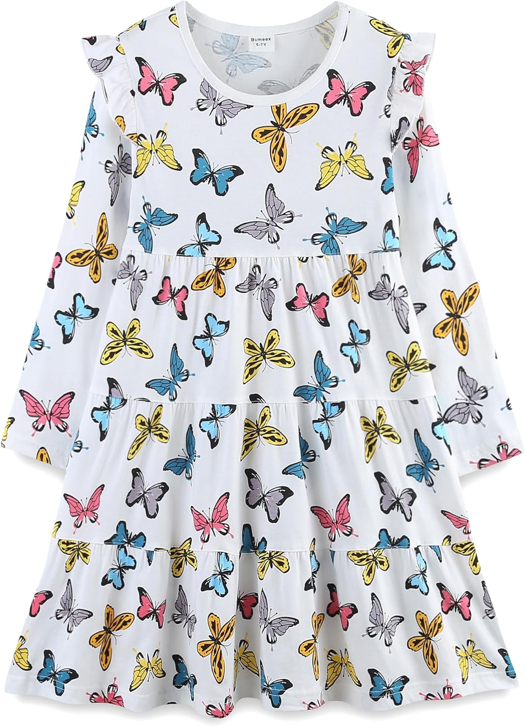 Girls Cotton Dress - Ruffle Sleeve Tiered A-Line Midi Sundress