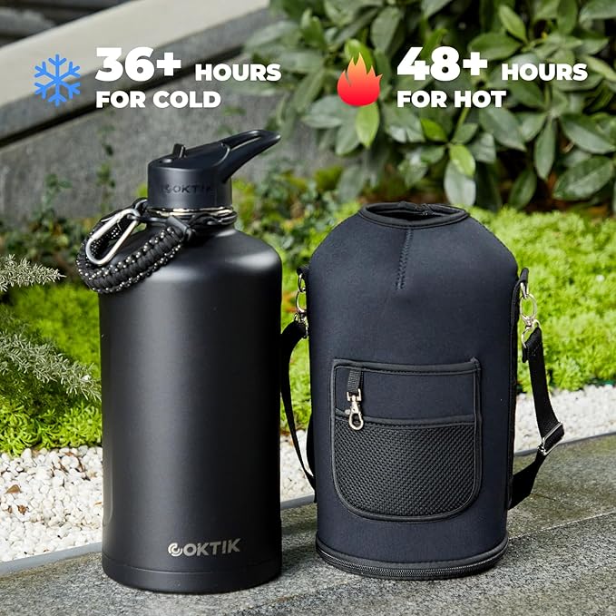 COKTIK 128 oz Insulated Water Bottle, Triple Wall Stainless Steel Flask, Keeps Drinks Cold for 48 Hrs Leak-Proof & BPA-Free Half Gallon Jug with Paracord Handle, Straw & Spout Lids(Black)