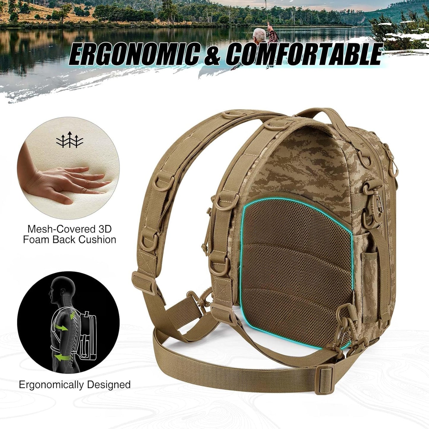Piscifun Fishing Backpack with Rod Holder, Lightweight Sling Bag Storge Gear and Equipment