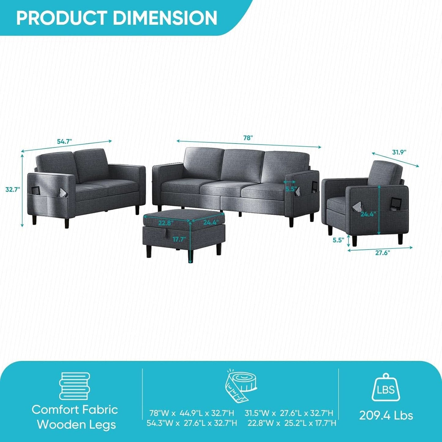 6 Seater Sectional Sofa In Dark Grey Linen With Ottoman