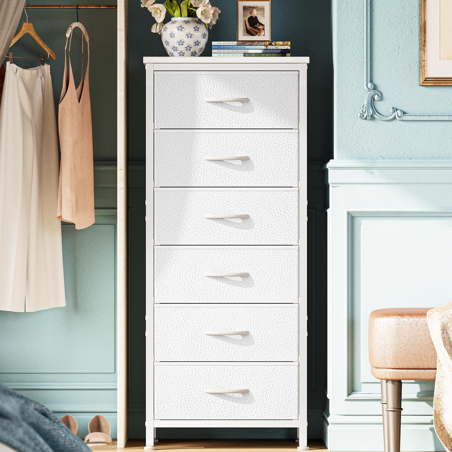 Huuger 43.3" 6 Drawer Fabric Dresser White Metal Frame Bedroom Storage