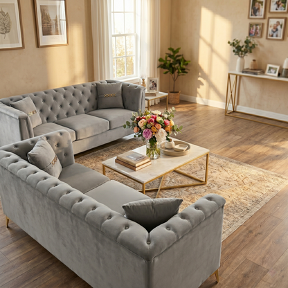 Mid-Century Velvet Sofa Set 2pc Tufted Gray Gold Legs