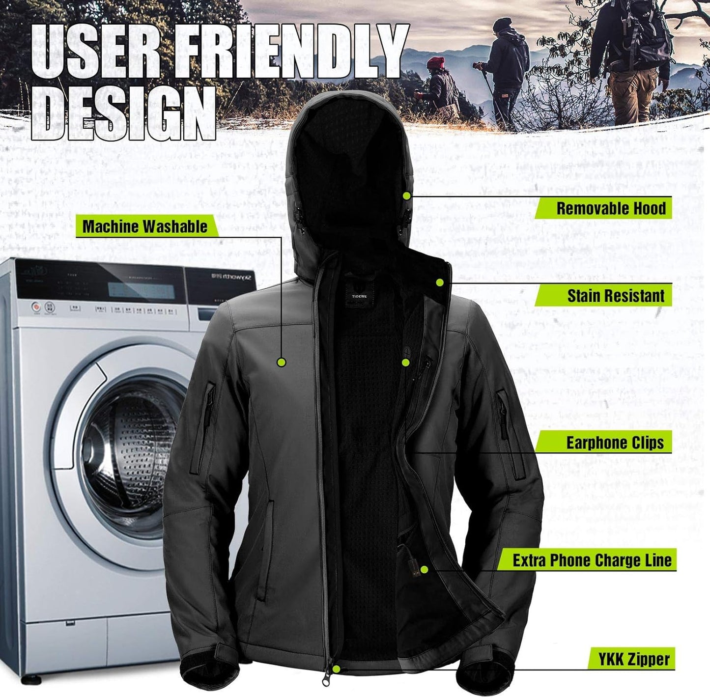 TIDEWE Heated Jacket for Men with Battery Pack (Black, Camo, Size S-XXXL)