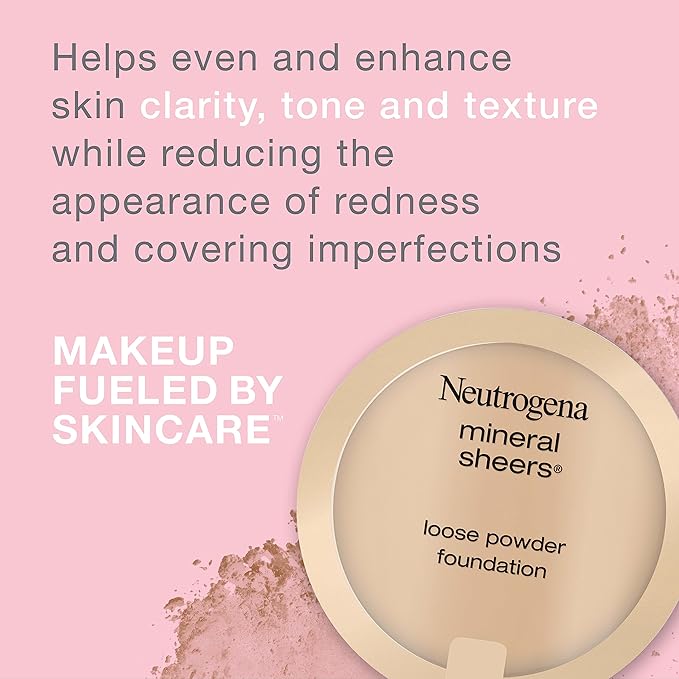 Neutrogena Mineral Sheers Loose Powder Makeup Foundation, Lightweight Face Makeup, Sheer to Medium Buildable Coverage, Sensitive Skin Foundation with Vitamins A, C, & E, Natural Ivory 20, .19 oz