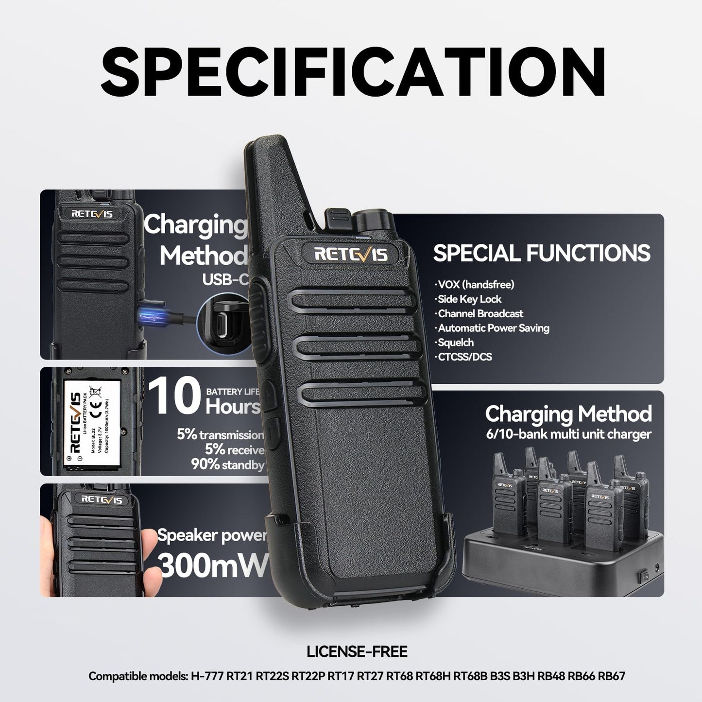 Retevis RT22 Walkie Talkies Rechargeable Hands Free 2 Way Radios Two-Way Radio(6 Pack) with 6 Way Multi Gang Charger