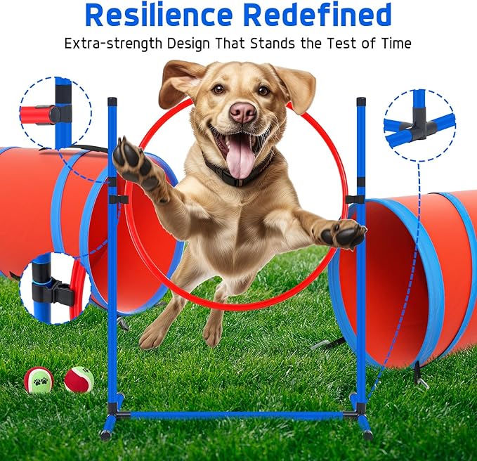 Dog Agility Training Equipment Set, Obstacle Courses Agility Training Kit for Puppy Includes 2 High Hurdles, Standard Tunnel, Blind Tunnel, Jumping Ring, 6 Weave Poles, Pause Box and 2 Carrying Bags