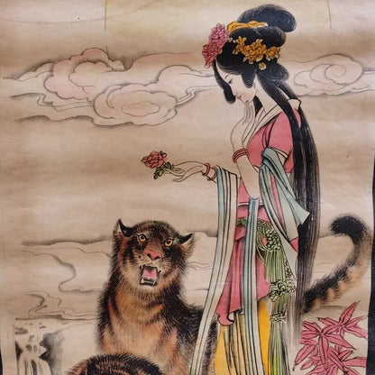 Chinese “Tiger Girl” Four‑Screen Calligraphy & Painting Scroll