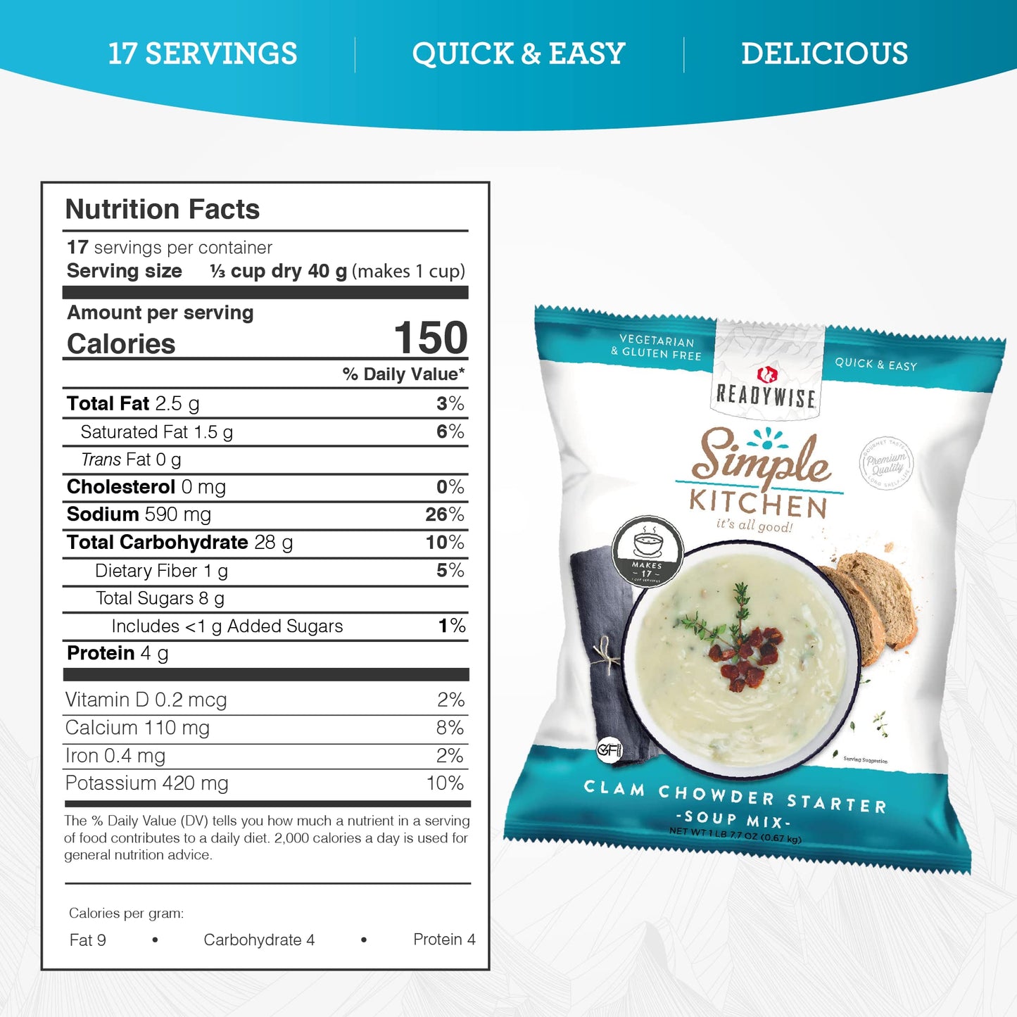 READYWISE - Simple Kitchen, Tomato Basil Soup, 17 Servings, MRE, Gluten Free, & Vegetarian, Food, Soup Mix, for Events, Hiking, Emergency Food Supply, Camping Essentials, or Daily Use, 1 Pack