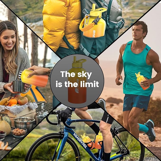 Insulated Water Bottle 87 oz, Triple Wall Vacuum Stainless Steel(Cold for 48 Hrs),Leak Proof & BPA-Free,One Gallon Water Bottle with Reflective Paracord & Flip Straw for Sports & Travel, Sunset