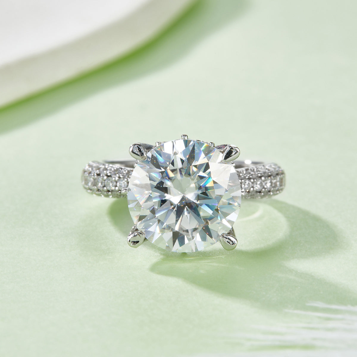 S925 Sterling Silver 5ct Moissanite Engagement Ring, 11mm D-VVS1 Round Cut, 4-Prong Pave Band, Platinum Plated US Sizes 5-9, GRA Certificate Gift Box