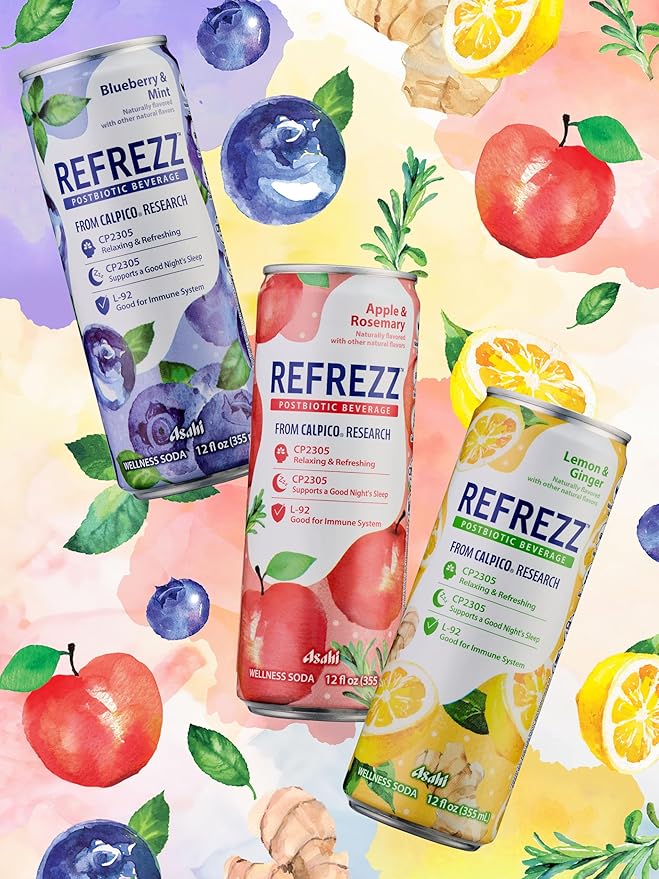 REFREZZ Postbiotic Beverage, Lemon & Ginger, Relaxing and Refreshing, Supports a Good Night's Sleep, Good for Immune System, Gluten Free, Non‑GMO, 35Calories, 12oz (12Cans)