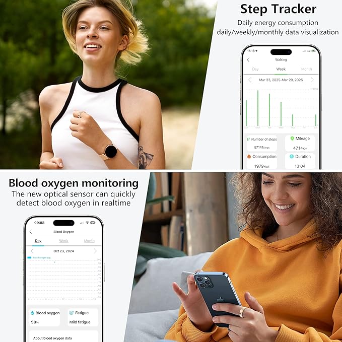 Thin Smart Ring for Fitness & Health Tracking -Pedometer,Sleep/Heart Rate/Blood Oxygen Monitor, Gesture Control / 5ATM Waterproof -No APP Subscription Compatible with Android& iOS (Rose Gold, 8)