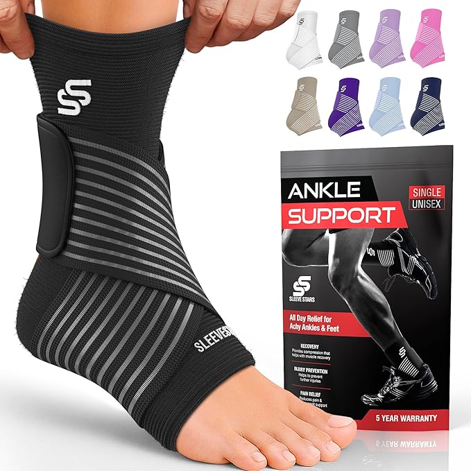Sleeve Stars Ankle Brace for Women & Men, Ankle Wrap for Sprained Ankle, Compression Sleeve for Plantar Fasciitis Relief, Easy Customizable Support: w/Removable Strap (Single/S:9"-10"/Black)